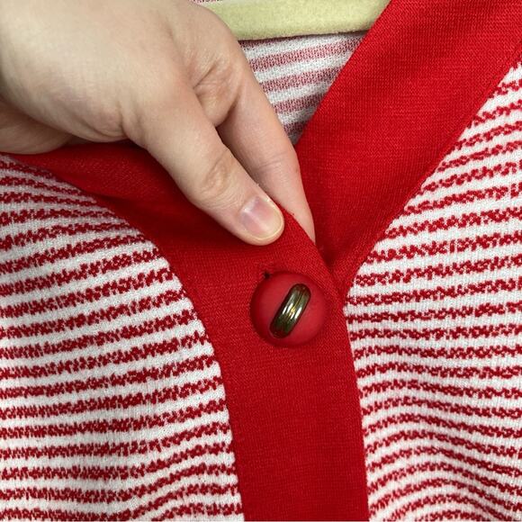 Vintage Womens L Red & White Striped Varsity Cardigan Preppy Nautical Coastal - Picture 5 of 11